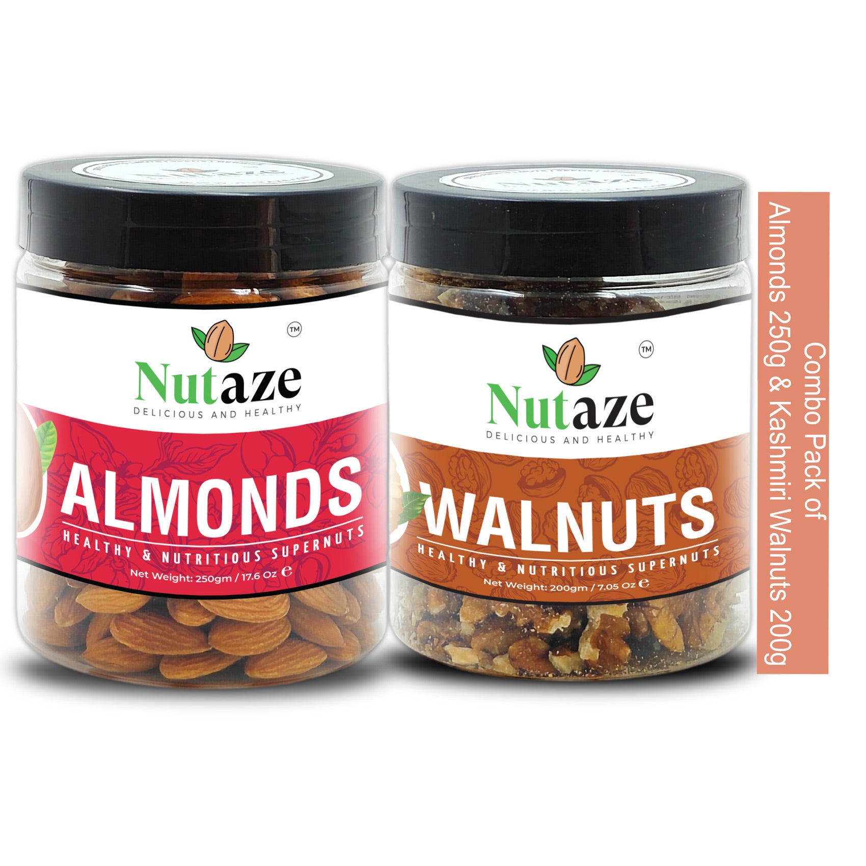 Nutaze Combo Pack of Premium Almonds 250g & Kashmiri Walnut Kernels 200g | 100% Authentic | 100% Natural